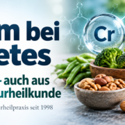 chrom-diabetes ALT-Tag: Beitragsgrafik zu Chrom bei Diabetes mit großem Titel links und Abbildung von Brokkoli, Nüssen, Getreide, Blutzuckermessgerät sowie Chrom-Symbol rechts.