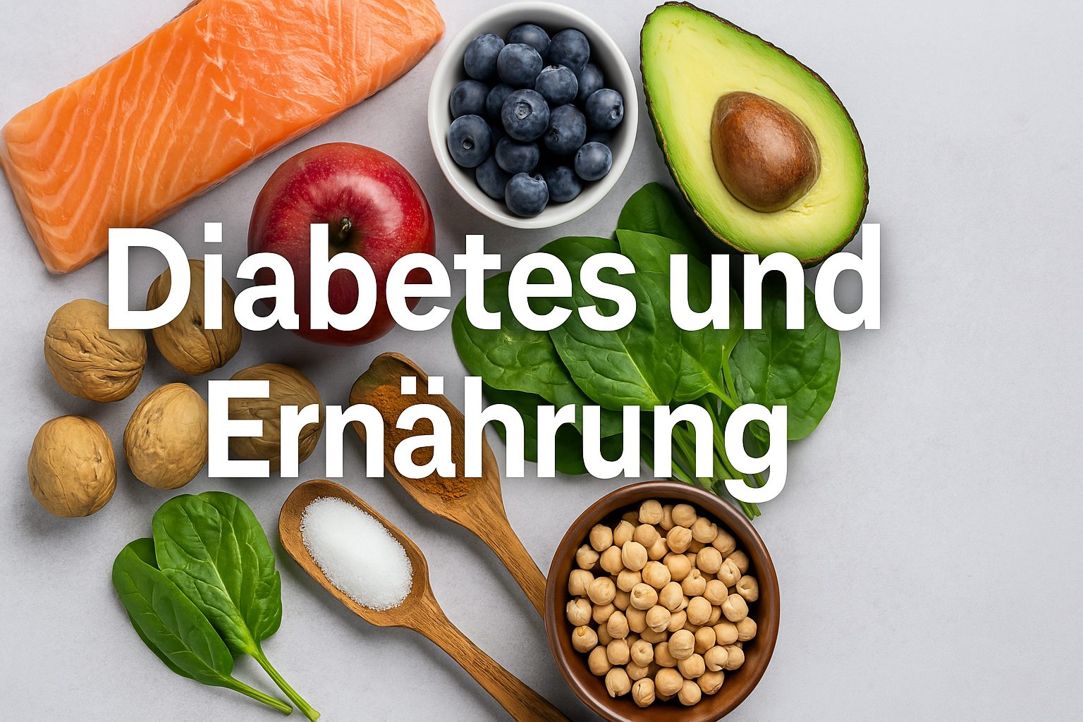 Ein ausgewogenes Stillleben mit gesunden Lebensmitteln, passend zum Thema Diabetes und Ernährung. Auf einem hellgrauen Untergrund liegen frische Zutaten wie Lachs, Avocado, Heidelbeeren, Apfel, Spinat, Walnüsse und Kichererbsen. Zwei Holzlöffel enthalten Zucker und Zimt. In der Bildmitte steht der Text „Diabetes und Ernährung“ in weißer Schrift. Das Bild vermittelt den Eindruck einer natürlichen, darmfreundlichen und zuckerarmen Ernährung.