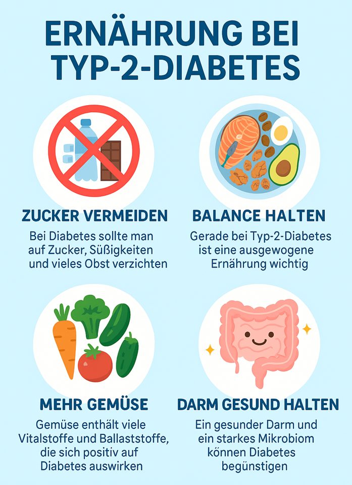 Eine farbenfrohe Infografik mit dem Titel „Ernährung bei Typ-2-Diabetes“. Vier Illustrationen zeigen zentrale Empfehlungen: Zucker vermeiden, ausgewogen essen, mehr Gemüse integrieren und den Darm gezielt unterstützen. Die Tipps sind jeweils mit kurzen deutschen Texten versehen.