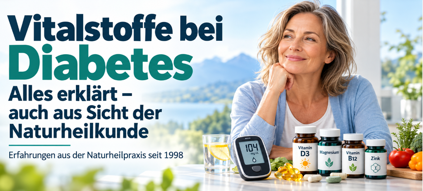 Beitragsgrafik ‚Vitalstoffe bei Diabetes – alles erklärt, auch aus Sicht der Naturheilkunde‘ mit Blutzuckermessgerät und Vitalstoffpräparaten